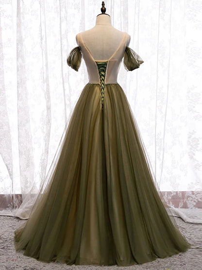 Simple sweetheart tulle green long prom dress green evening dress