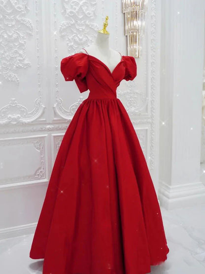 Red v neck satin long prom dress red evening dress