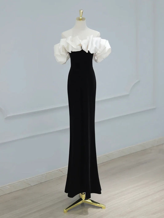 Off Shoulder Velvet Satin Black Long Prom Dress Black Long Party Dress