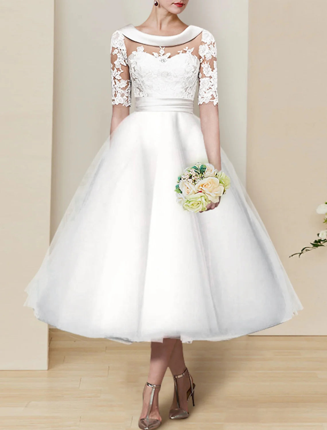 Tea-Length Ball-Gown Lace Wedding Dresses 3 4 Sleeves
