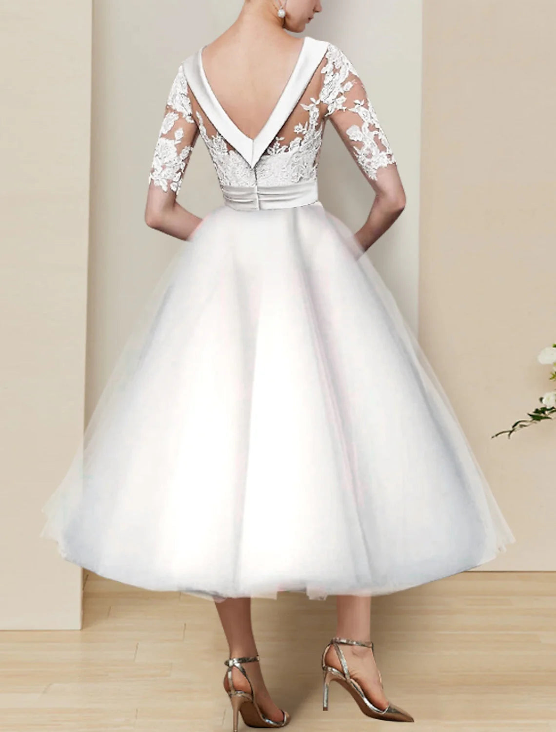 Ball Gown Off-the-Shoulder Tea-length Lace Wedding Dress