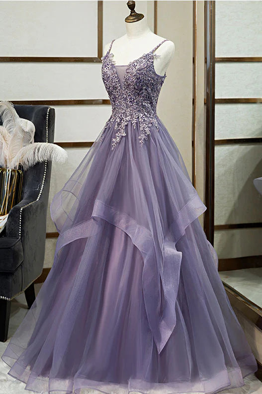 Unique v neck tulle lace long prom dress tulle lace formal dress