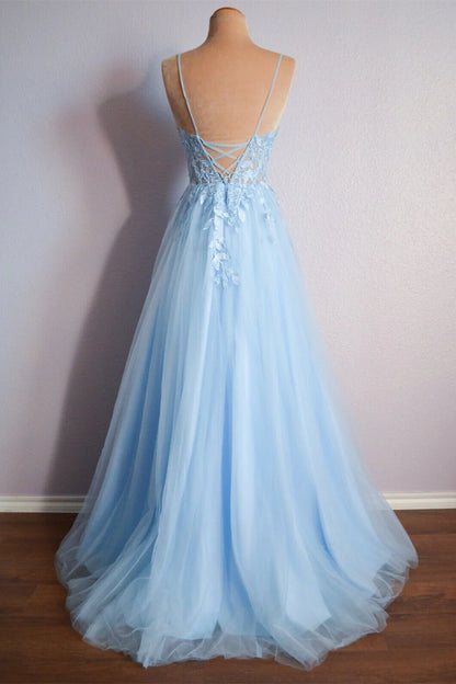 Straps Blue Lace Appliques A-line Long Formal Prom Dress