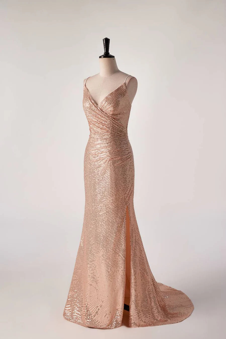 Champagne Sequin Pleated Mermaid Long Prom Dress