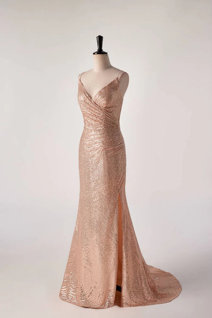 Champagne Sequin Pleated Mermaid Long Prom Dress