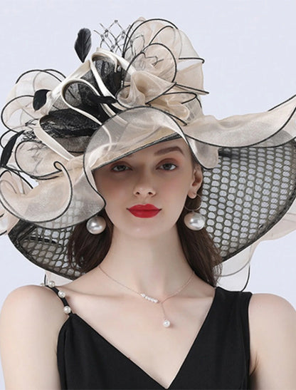 Tulle Organza Bucket Hat Straw Hat Sun Hat Wedding Outdoor Horse Race Ladies Day Melbourne Cup Fashion Vintage Style With Bowknot Flower Headpiece Headwear