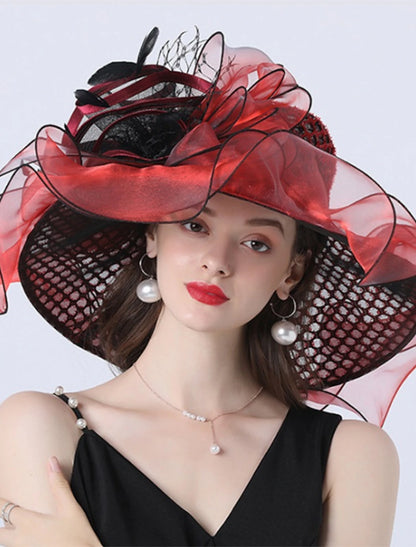 Tulle Organza Bucket Hat Straw Hat Sun Hat Wedding Outdoor Horse Race Ladies Day Melbourne Cup Fashion Vintage Style With Bowknot Flower Headpiece Headwear