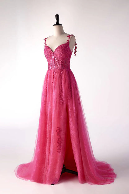 Off the Shoulder Hot Pink Lace A-line Prom Dress