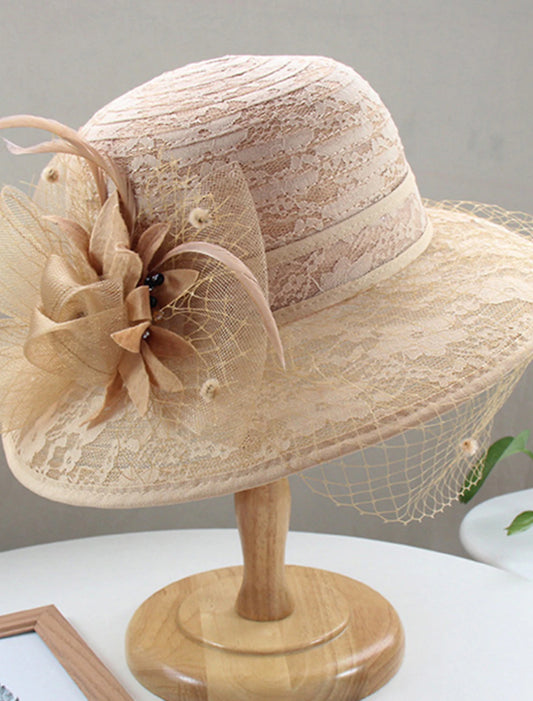 Headwear Tulle Bucket Hat Straw Hat Sun Hat Casual Holiday Kentucky Derby Horse Race Ladies Day Vintage Style Elegant Lace With Feather Lace Headpiece Headwear