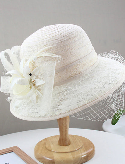 Headwear Tulle Bucket Hat Straw Hat Sun Hat Casual Holiday Kentucky Derby Horse Race Ladies Day Vintage Style Elegant Lace With Feather Lace Headpiece Headwear