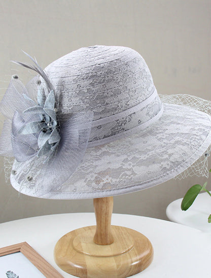 Headwear Tulle Bucket Hat Straw Hat Sun Hat Casual Holiday Kentucky Derby Horse Race Ladies Day Vintage Style Elegant Lace With Feather Lace Headpiece Headwear