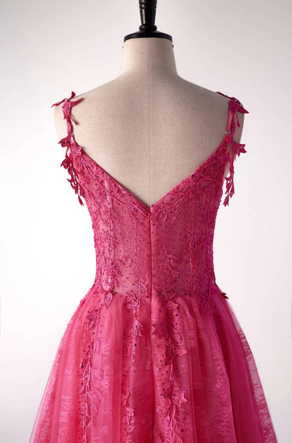 Off the Shoulder Hot Pink Lace A-line Prom Dress