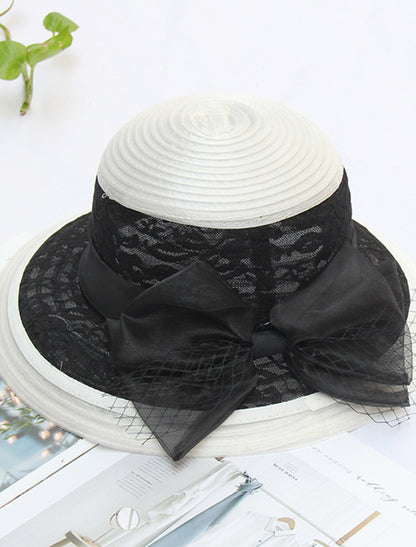 Derby Hat Hats Straw Lace Bucket Hat Straw Hat Sun Hat Casual Holiday Melbourne Cup Cocktail Royal Astcot Vintage Style Elegant With Bowknot Lace Headpiece Headwear