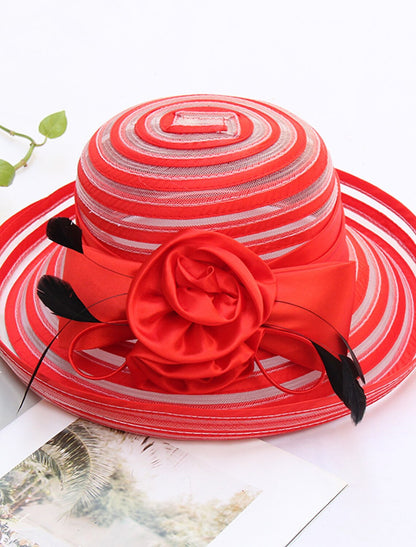 Organza Bucket Hat Fedora Hat Straw Hat Casual Holiday Cocktail Royal Astcot Retro Elegant With Feather Flower Headpiece Headwear