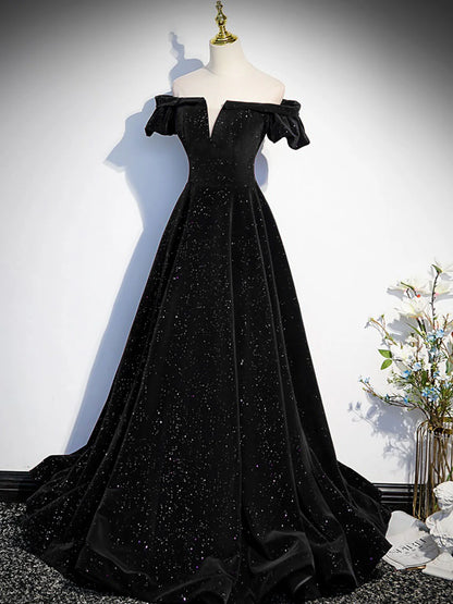 Black A-line Off Shoulder Velvet Long Prom Dress