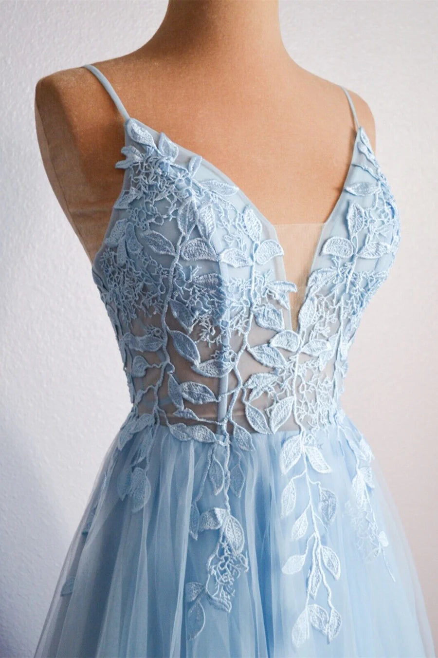 Straps Blue Lace Appliques A-line Long Formal Prom Dress