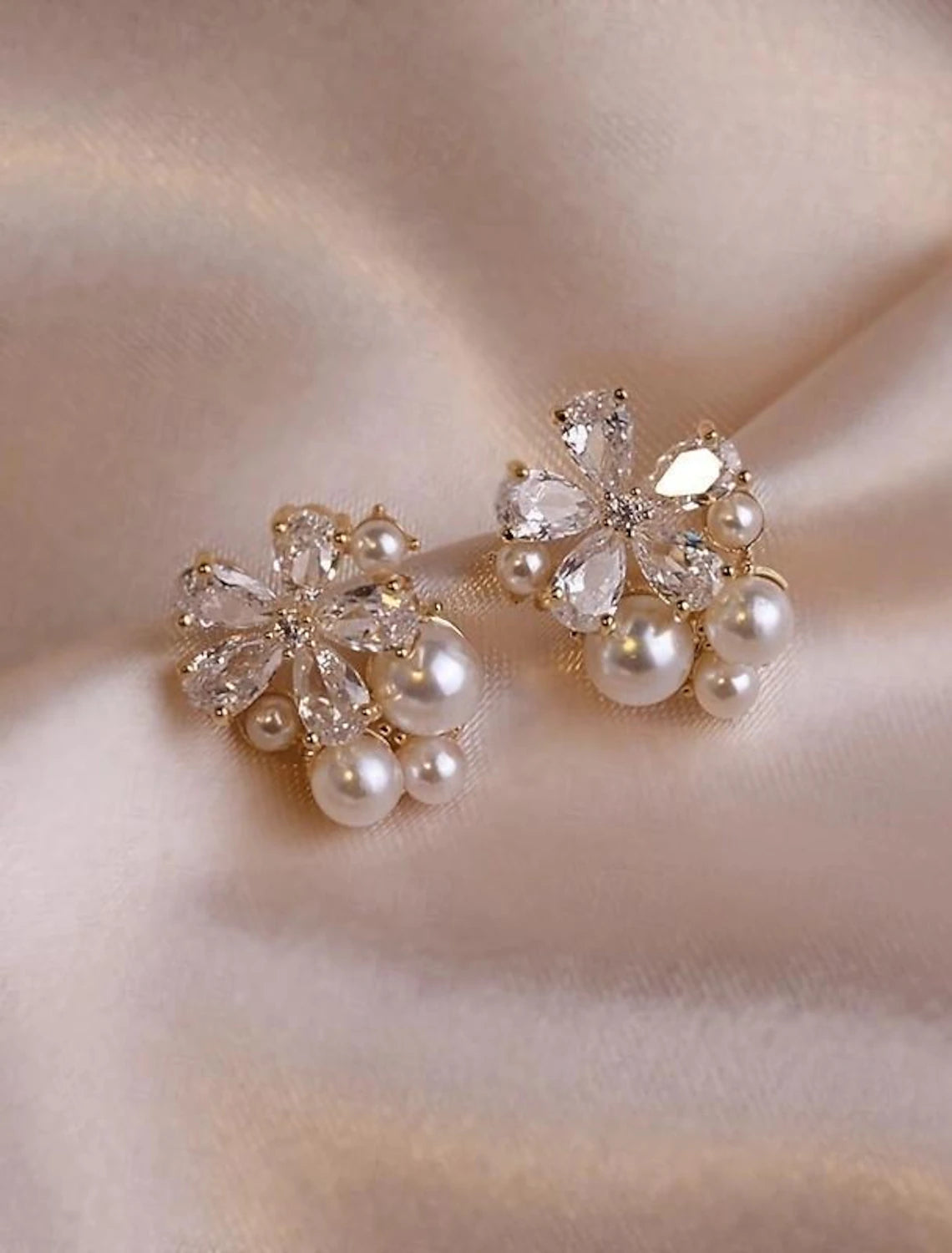 Clear White Fine Jewelry Classic Floral Flower Cute Stylish Earrings Jewelry Gold For Wedding Party 1 Pair