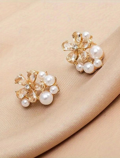 Clear White Fine Jewelry Classic Floral Flower Cute Stylish Earrings Jewelry Gold For Wedding Party 1 Pair