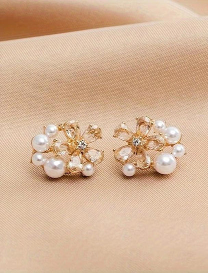 Clear White Fine Jewelry Classic Floral Flower Cute Stylish Earrings Jewelry Gold For Wedding Party 1 Pair