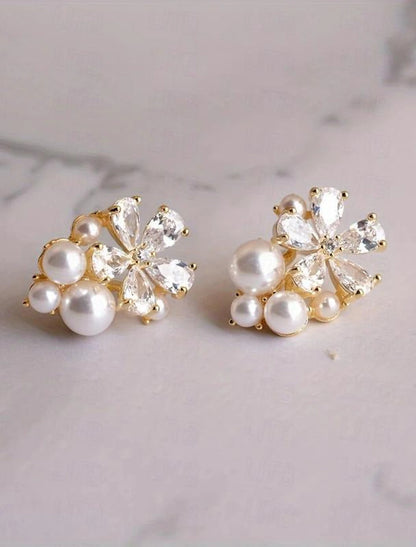 Clear White Fine Jewelry Classic Floral Flower Cute Stylish Earrings Jewelry Gold For Wedding Party 1 Pair