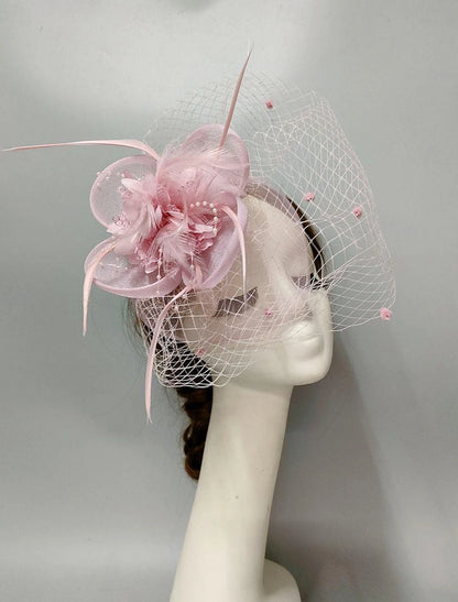 Fascinators Headwear Headpiece Net Veil Hat Wedding Ladies Day With Floral Pom-pom Headpiece Headwear