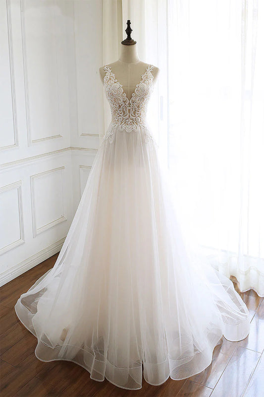 White v neck tulle lace long prom dress white tulle evening dress