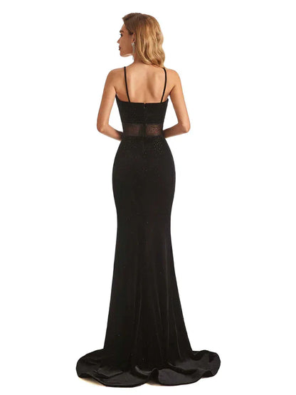 Sexy Black Velvet Mermaid Beading Spaghetti Strap Floor-Length Long Prom Dresses