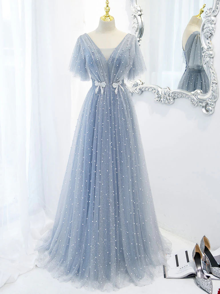 Blue v neck tulle beads long prom dress blue tulle formal dress