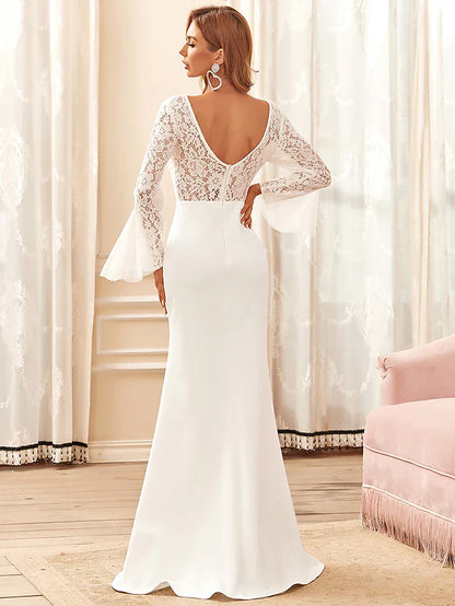 DingjiWedding Dresses V Neck Floor Length Lace Satin Long Sleeve Romantic with Lace