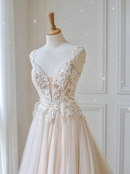 Champagne v neck tulle lace long prom dress