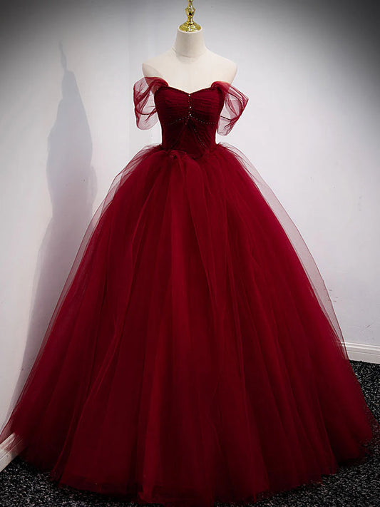 Simple burgundy tulle sequin long prom dressburgundy evening dress