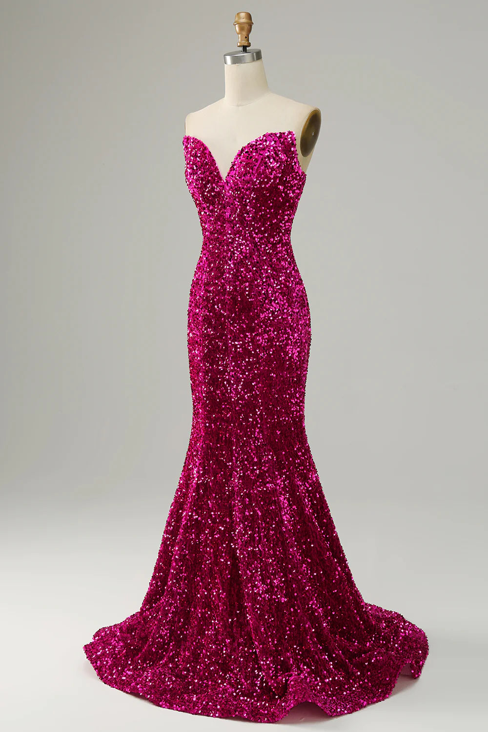 Fuchsia Sweetheart Neck Sequined Mermaid Prom Dress With Sweep Train