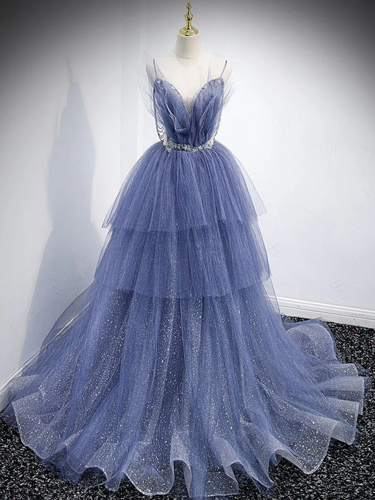 Blue v neck tulle sequin long prom dress