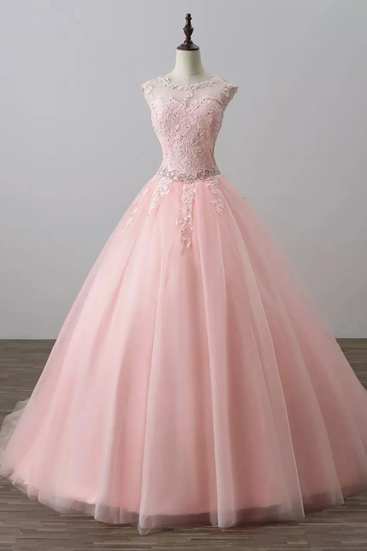 Pink round neck tulle lace long prom dress pink tulle evening dress