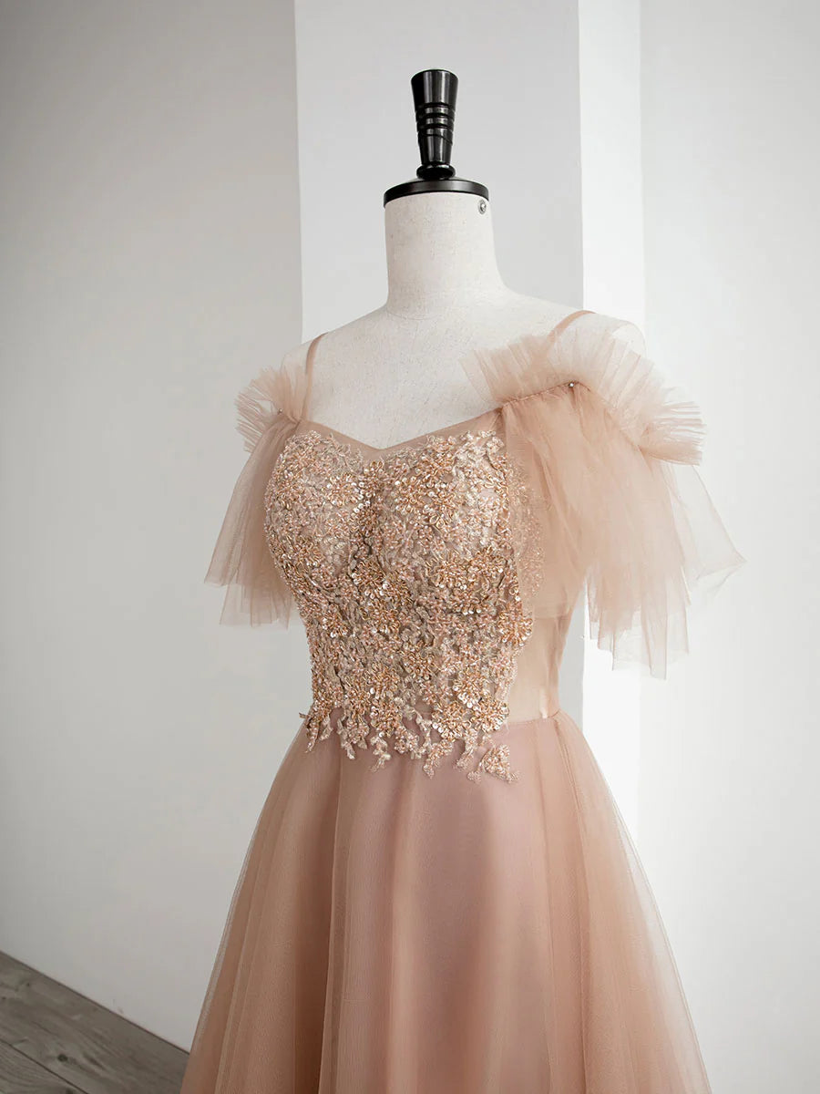 Champagne A line tulle lace long prom dress champagne evening dress