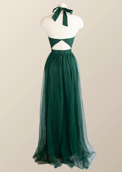 Halter Hunter Green Tulle Long Formal Prom Dress