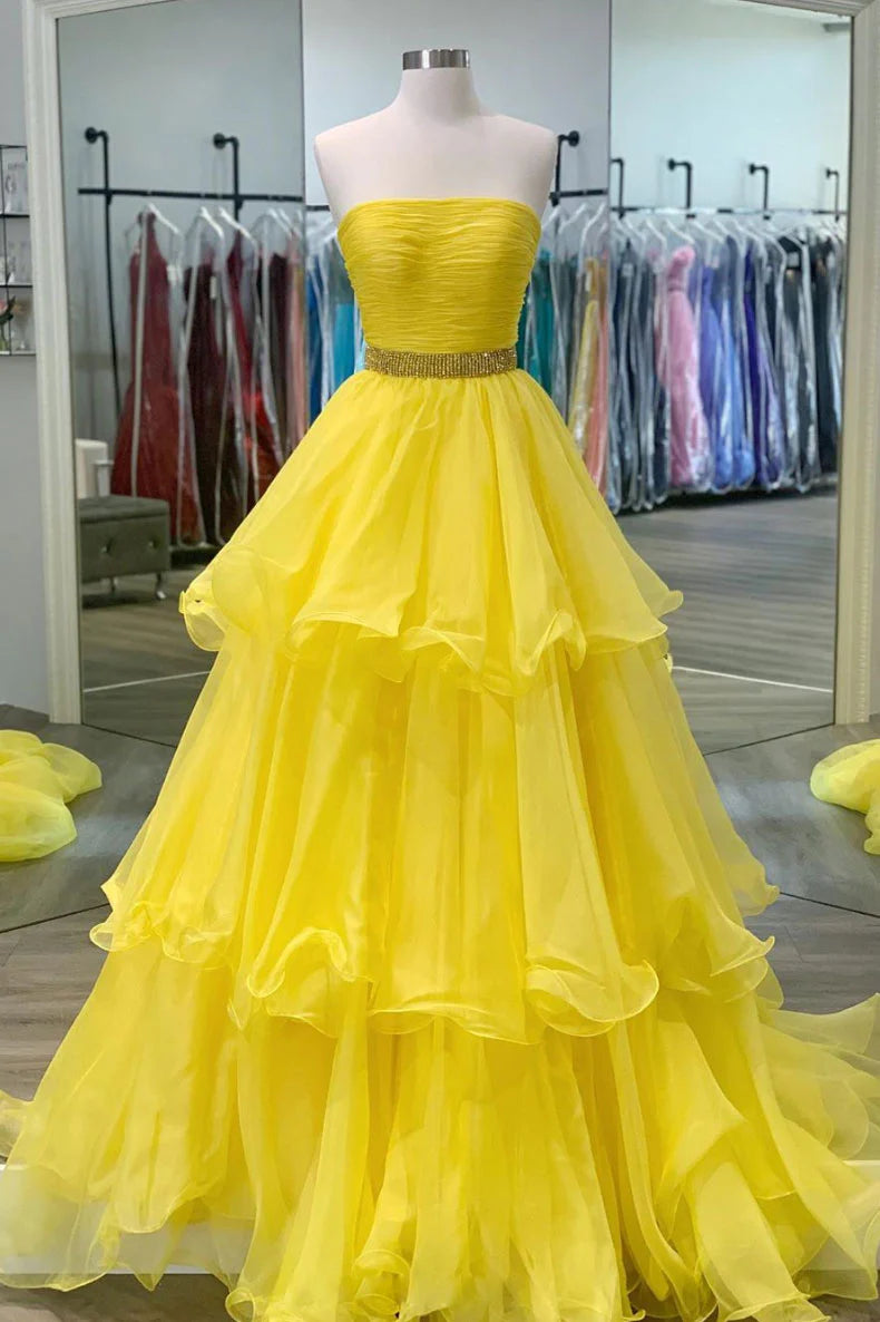 Yellow sweetheart tulle long prom dress yellow formal dress