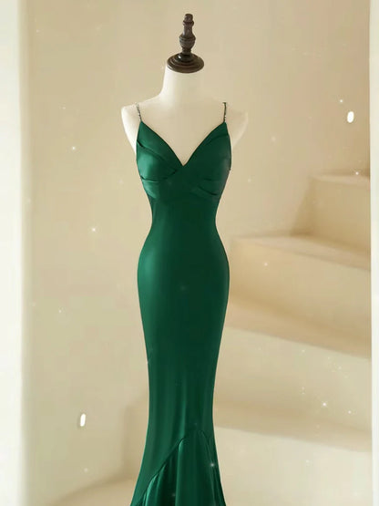 Mermaid V Neck Satin Green Long Prom Dress