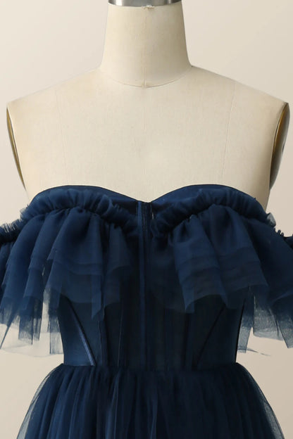 Off the Shoulder Navy Blue Tulle Prom Gown