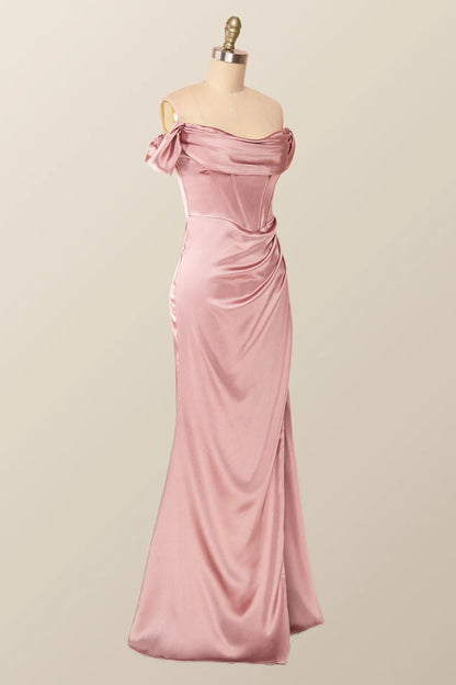 Off the Shoulder Blush Mermaid Long Prom Dress with Slit