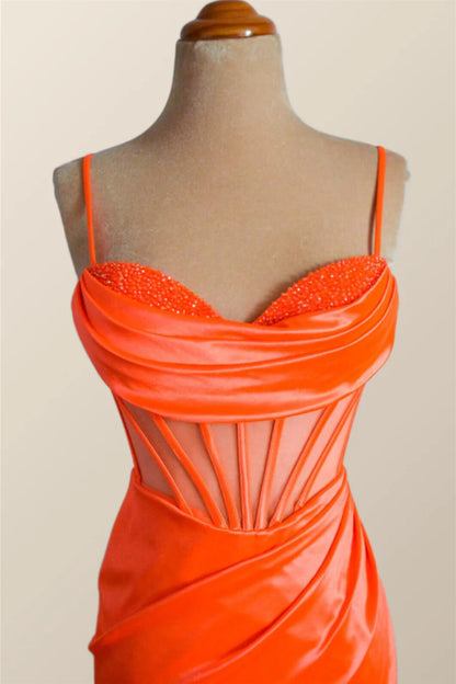 Orange Spaghetti Straps Mermaid Long Prom Dress