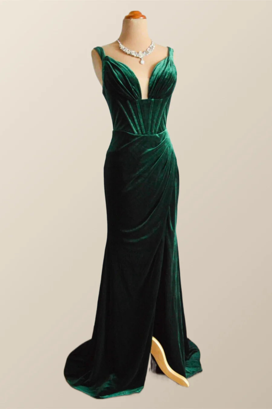 Green Velvet Mermaid Long Formal Prom Dress with Slit