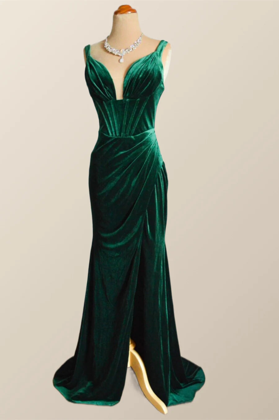 Green Velvet Mermaid Long Formal Prom Dress with Slit