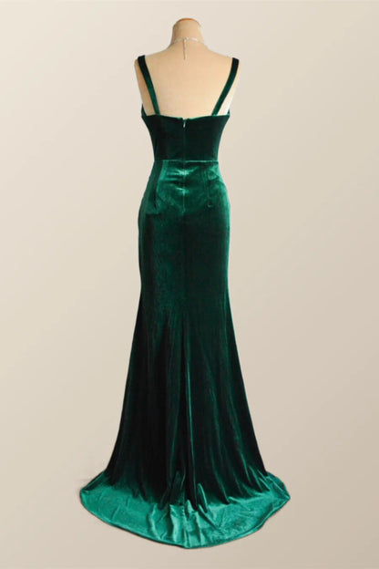 Green Velvet Mermaid Long Formal Prom Dress with Slit