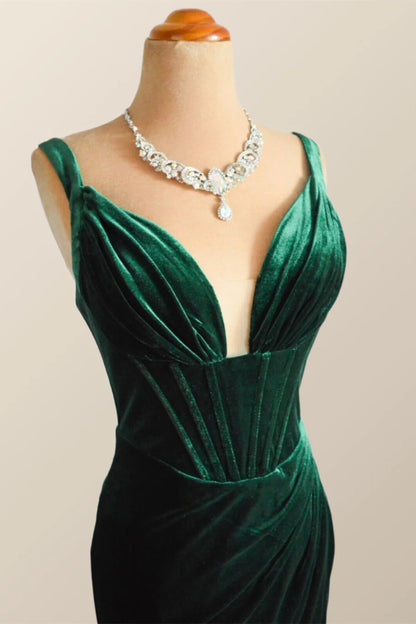 Green Velvet Mermaid Long Formal Prom Dress with Slit