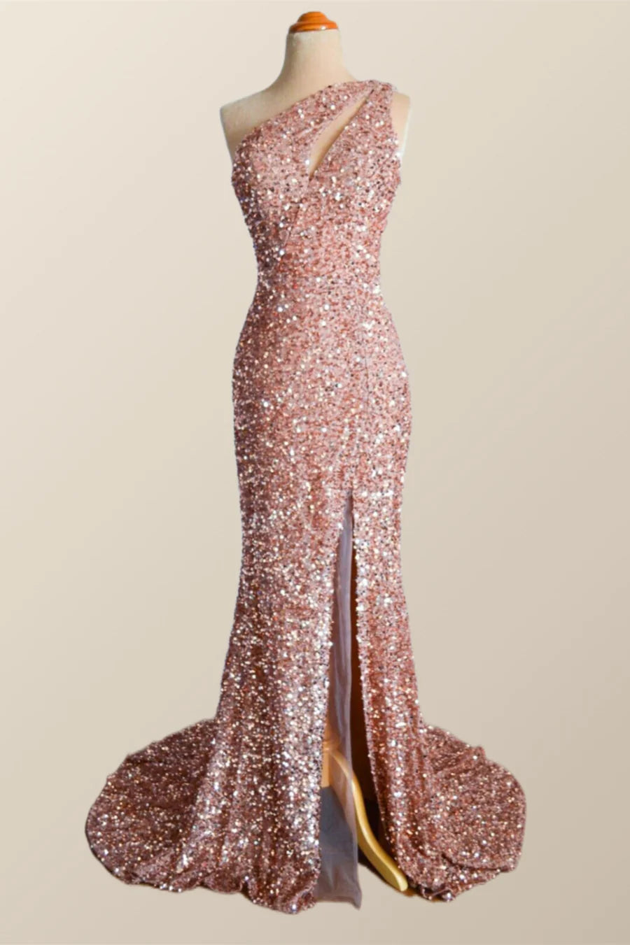 One Shoulder Rose Gold Sequin Mermaid Long Prom Dress