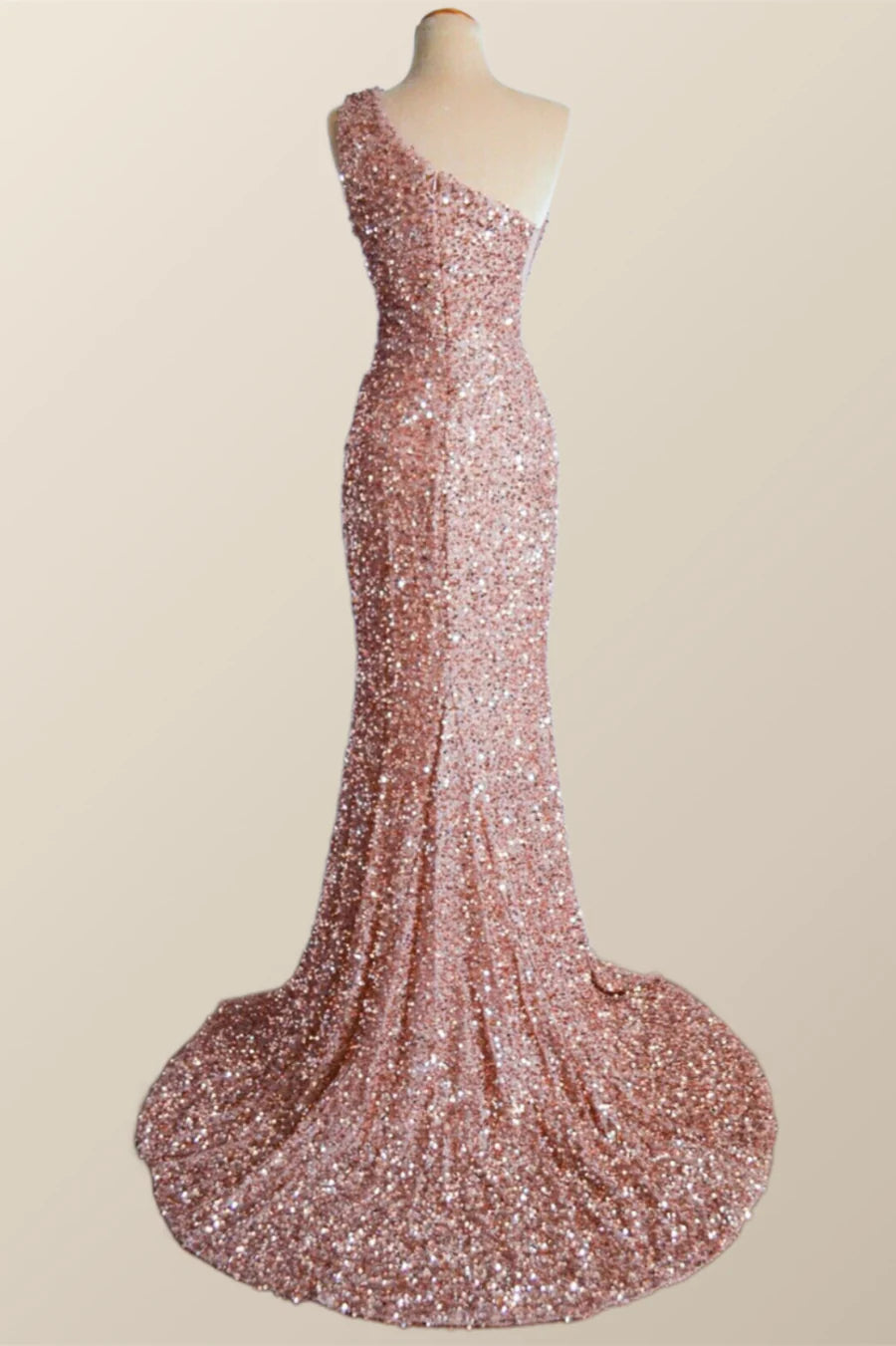 One Shoulder Rose Gold Sequin Mermaid Long Prom Dress