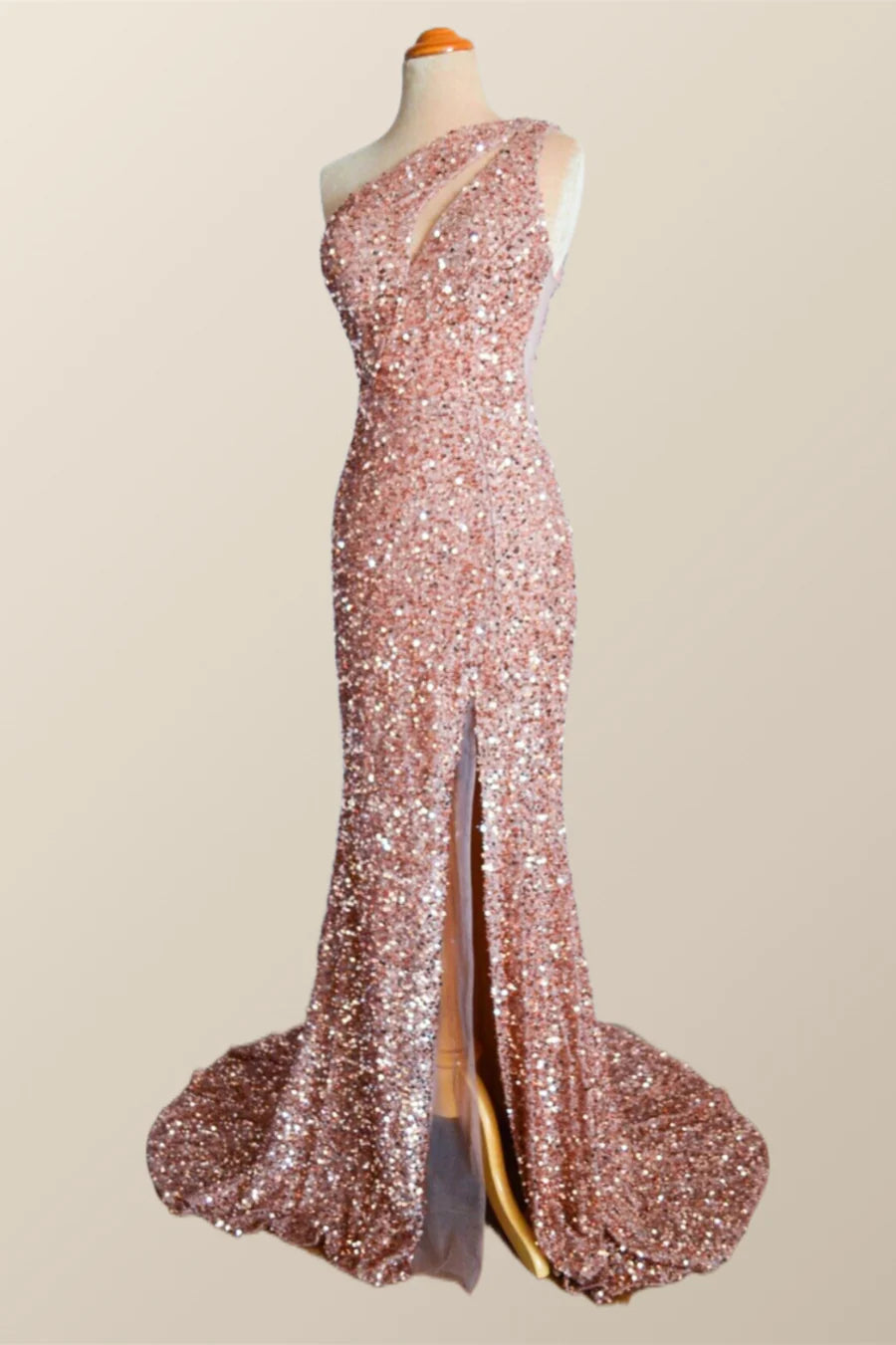 One Shoulder Rose Gold Sequin Mermaid Long Prom Dress