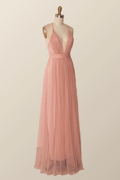 Plunge Pink Tulle A-line Long Formal Prom Dresss