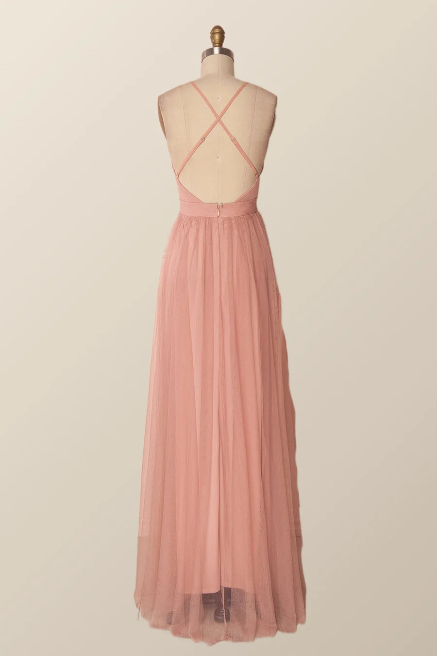 Plunge Pink Tulle A-line Long Formal Prom Dresss